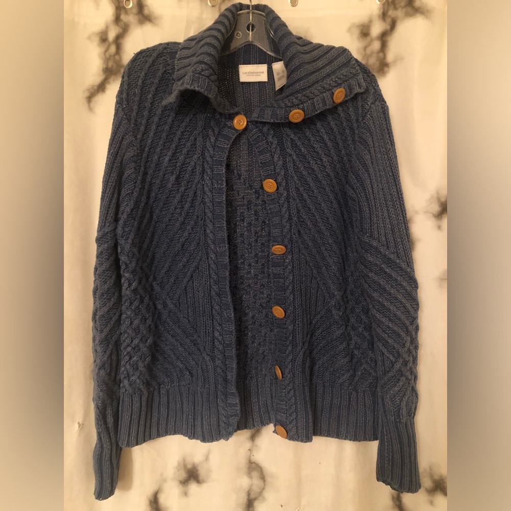 LIZ CLAIBORNE Blue Cable Knit Button-Down Front Cardigan XL